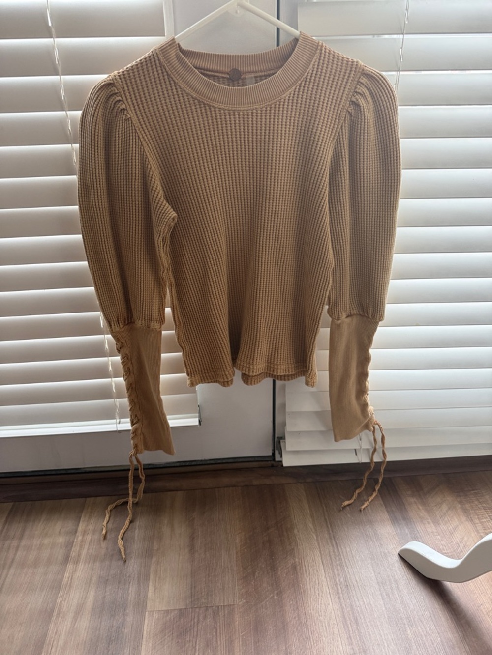 Free People Camel Long Sleeve Waffle Knit Top with Tie Cuffs